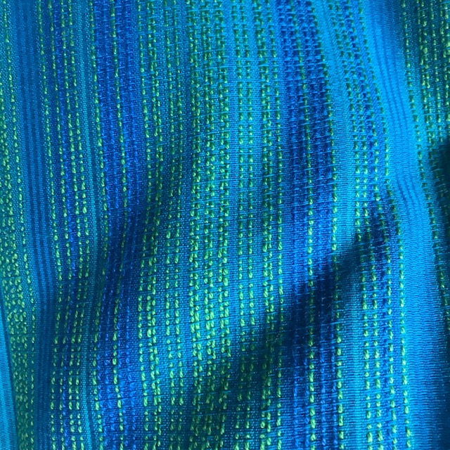 CURTAIN, Pair 1970s Blue Green Stripe Weave